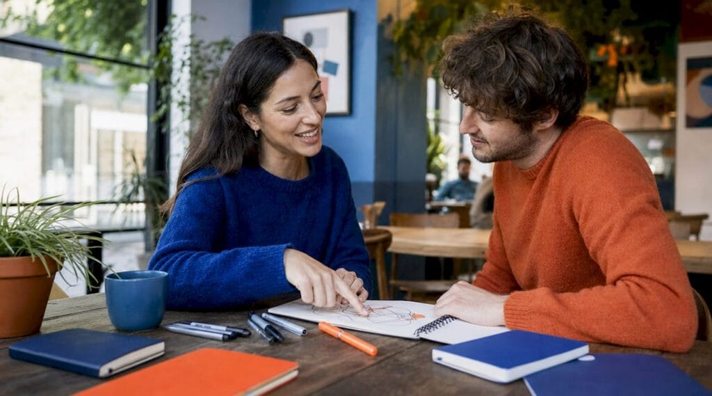 Mentor actively guiding mentee at study table