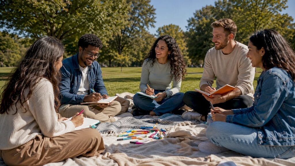 Entrepreneurs networking outdoors around campfire