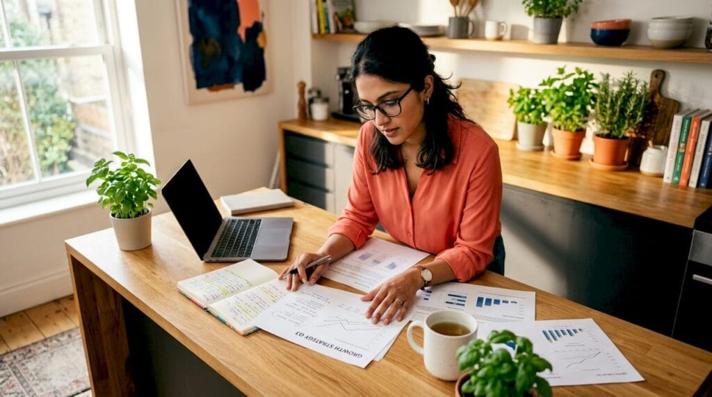Entrepreneur reviewing startup growth strategy documents