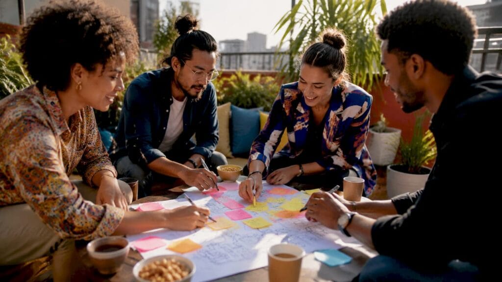Startup founders networking in bright coworking space