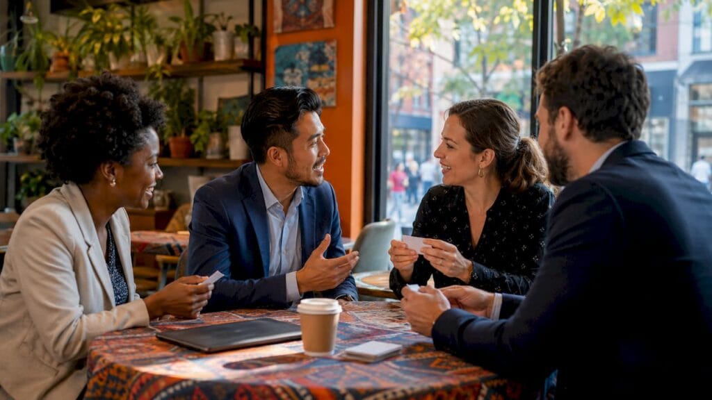 Entrepreneurs networking at community event