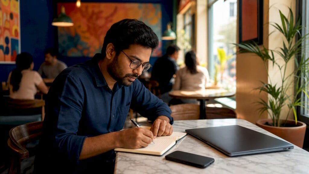 Freelancer working with notebook and laptop