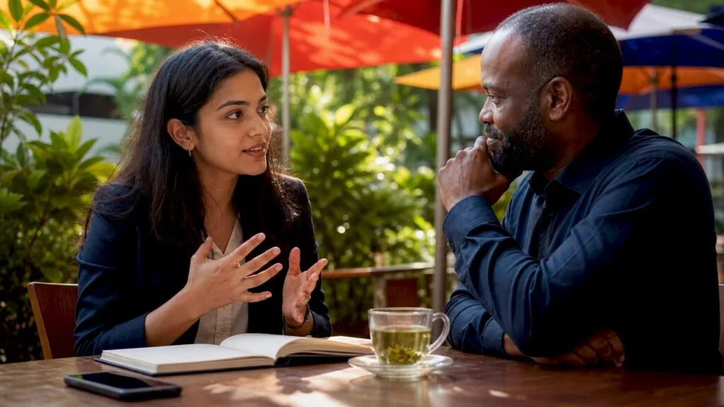 Two professionals engaged in networking conversation