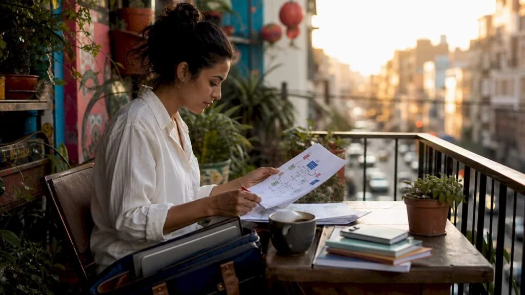 Small business owner reviewing accountability workflow papers