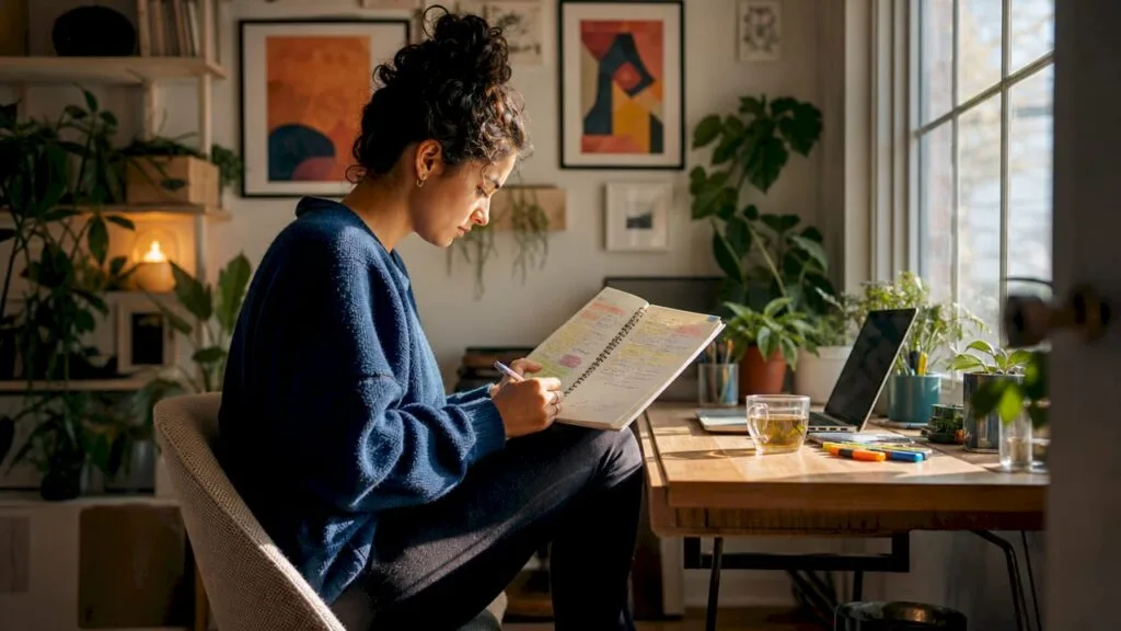 Woman studying growth mindset notes at kitchen table