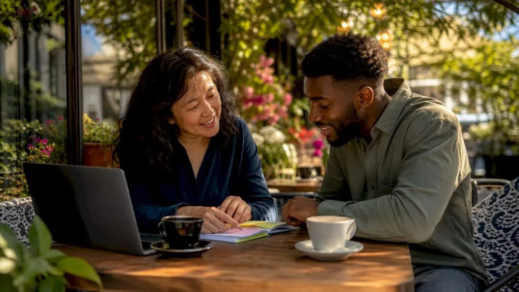 Mentor and mentee discussing growth outcomes