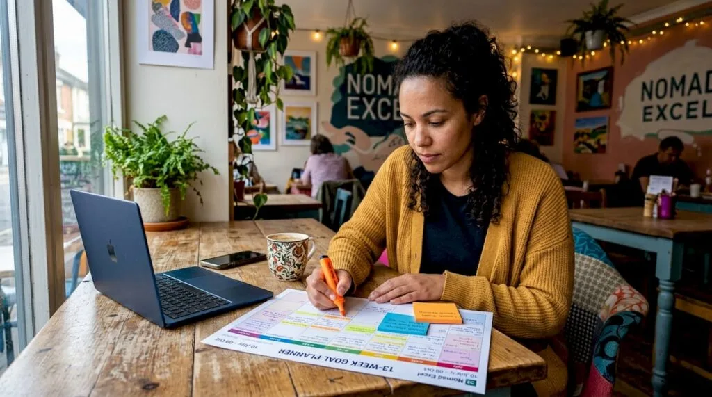 Startup founder reviewing goal setting chart at desk