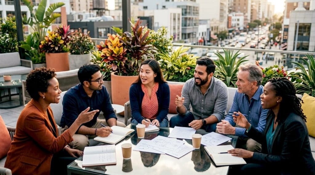 Diverse team discussing leadership qualities