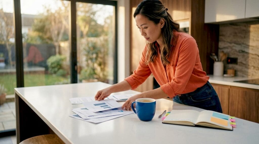 Entrepreneur reviewing business frameworks at desk