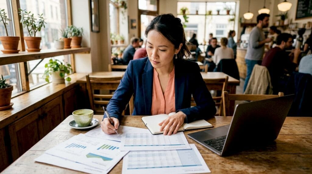 Founder reviewing startup scalability reports in office