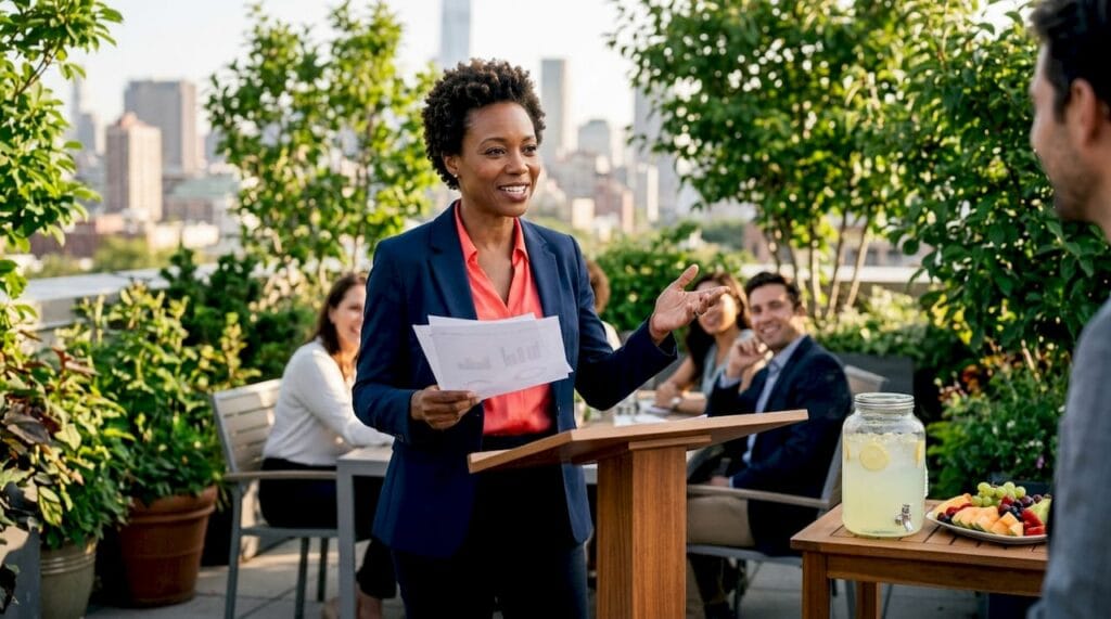 Female executive reviewing innovation strategy