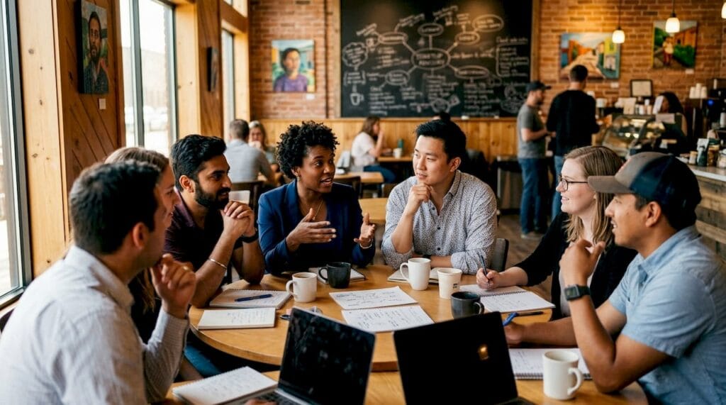 Diverse founders in startup peer support meeting
