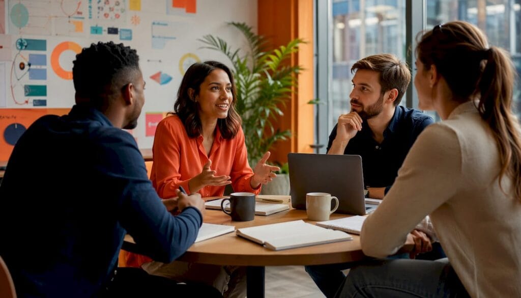 Team discussing growth strategies in office