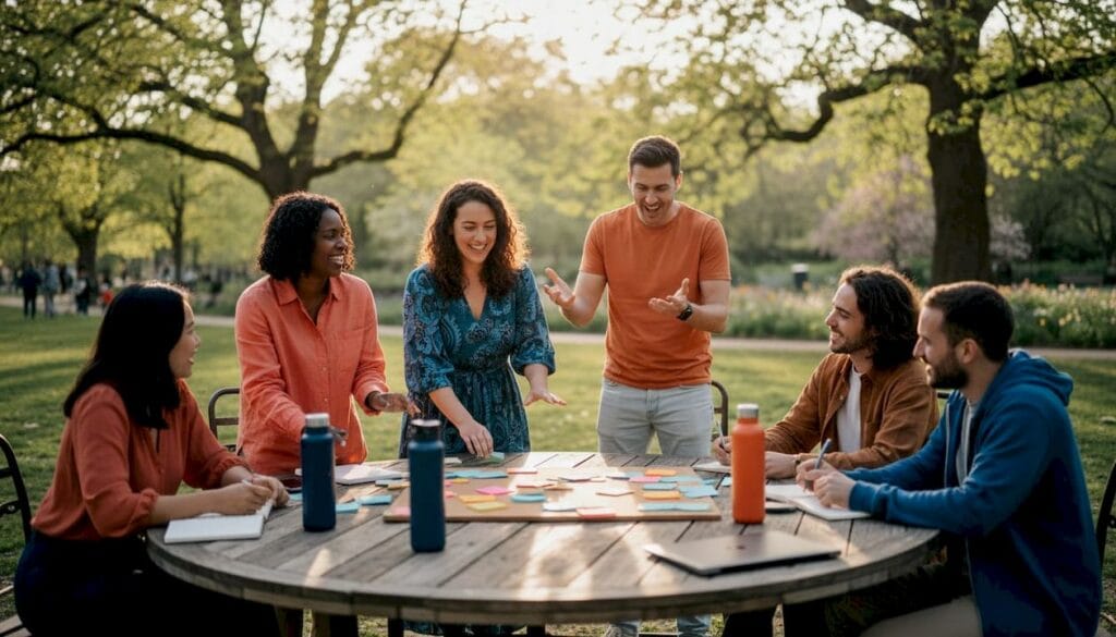 Startup team collaborating outdoors at retreat