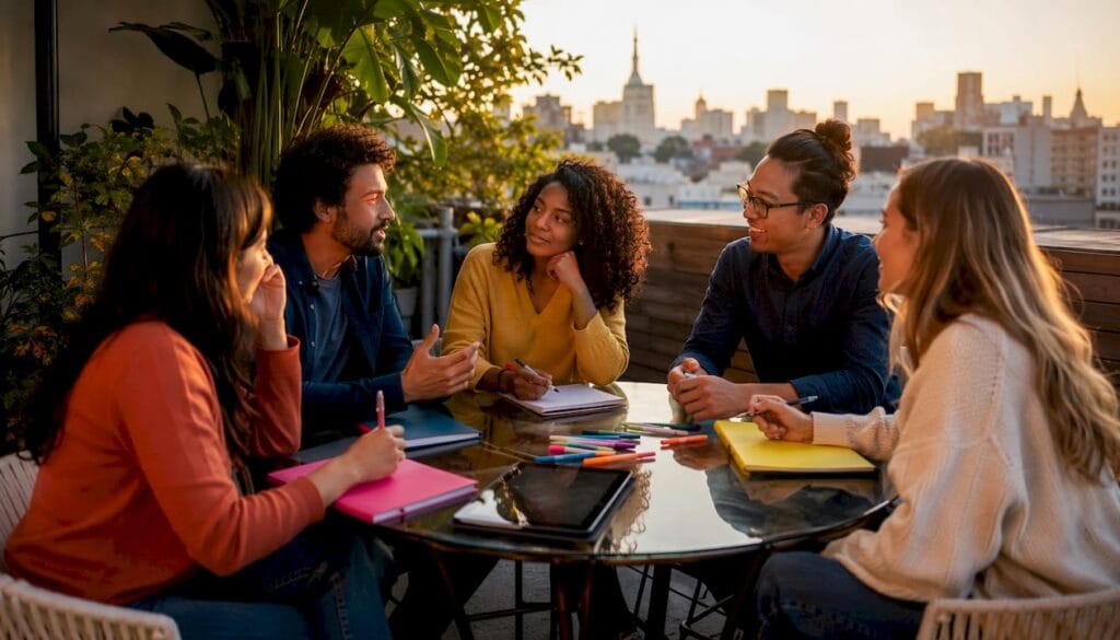 Entrepreneurs discussing community strategies around table