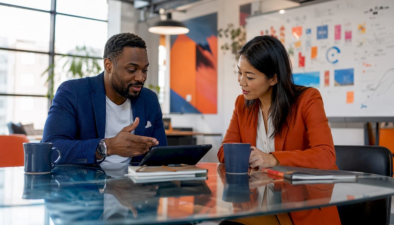Two partners discussing startup funding strategy