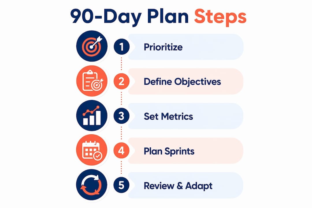 Infographic illustrating five steps of 90-day business planning