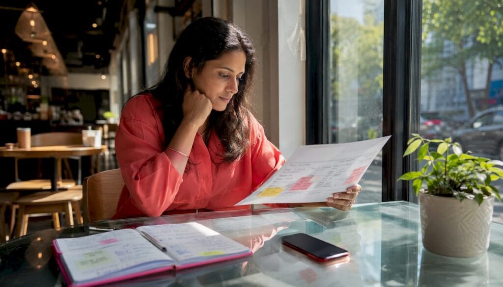 Founder reviewing business pivot canvas at desk