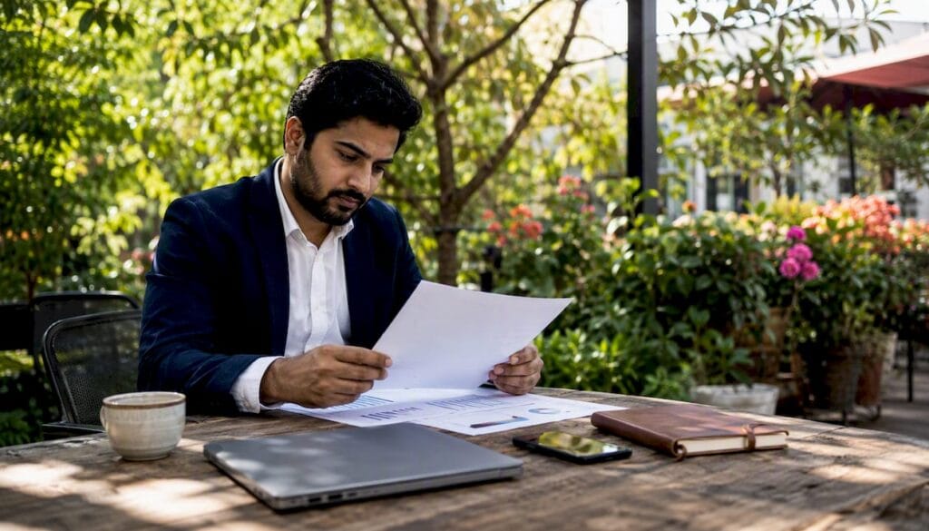 Entrepreneur reviewing external growth documents