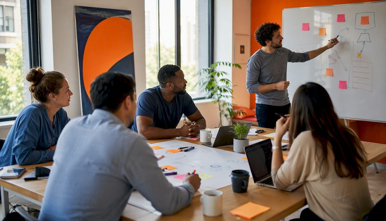 Team collaborating in office meeting