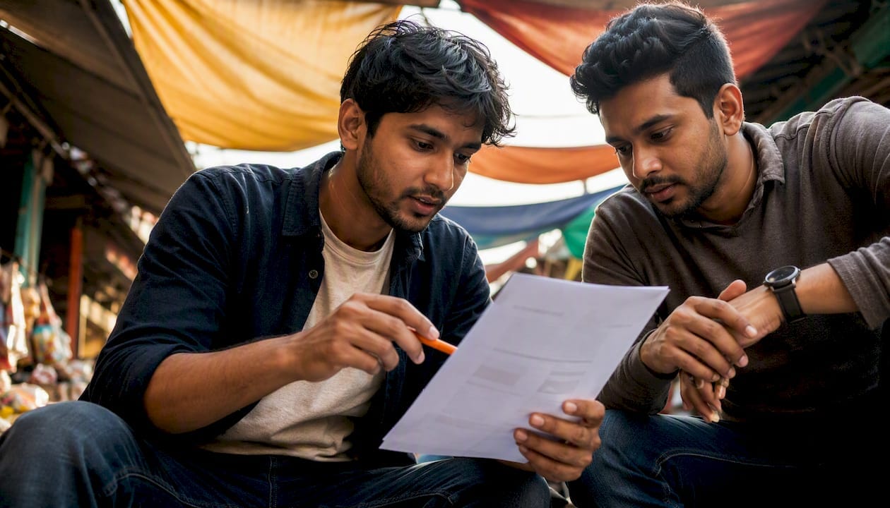Startup team reviewing feedback outdoors