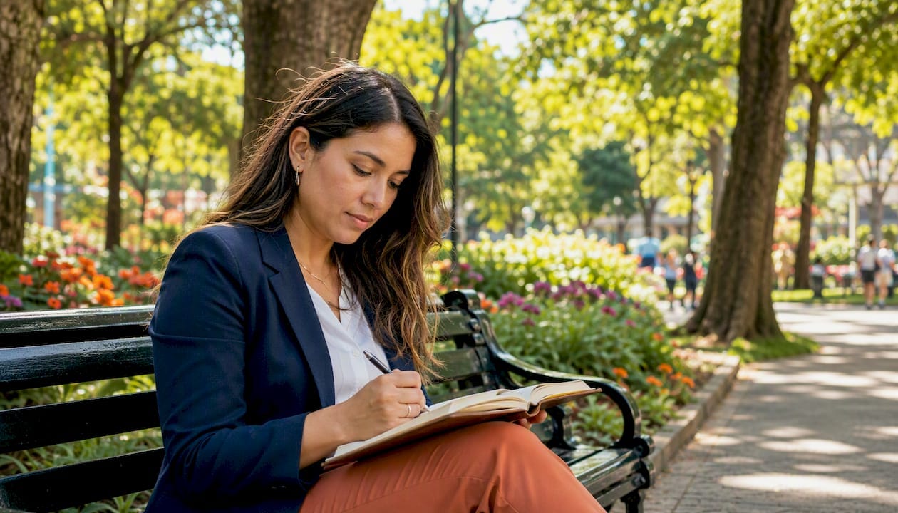 Hands writing business ideas in planner