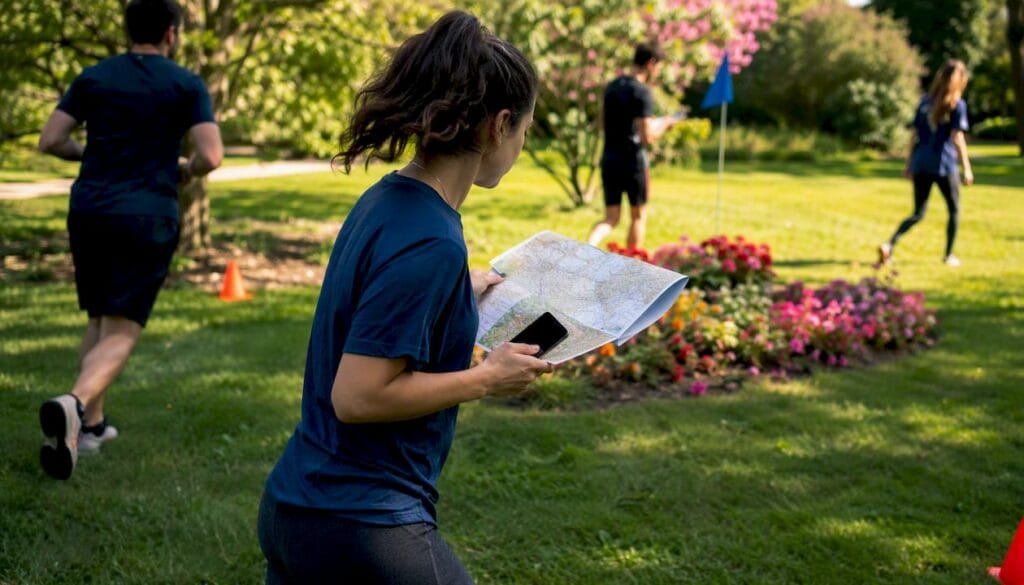 Teams doing outdoor scavenger hunt