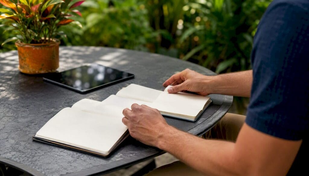 Hands organizing research materials on desk