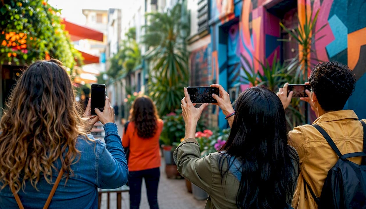 Hands taking photos on scavenger hunt