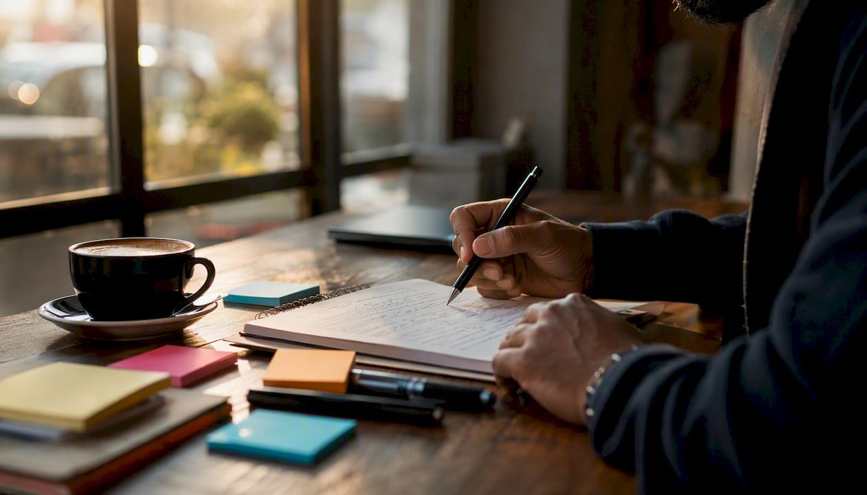 Hands revising ideas next to coffee cup