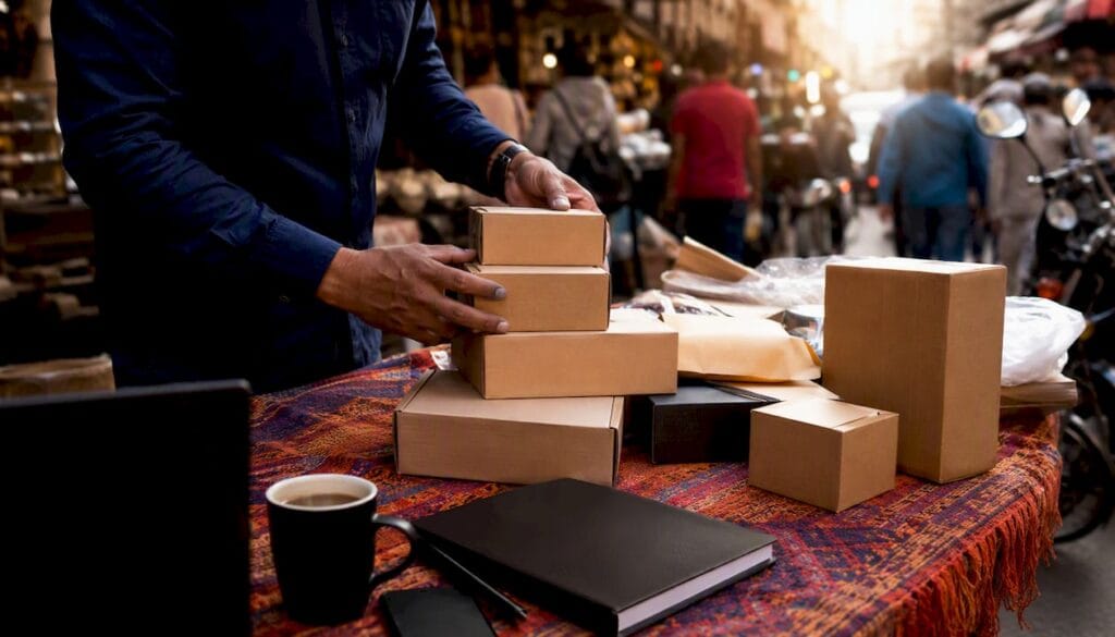 Hands organizing e-commerce shipping boxes