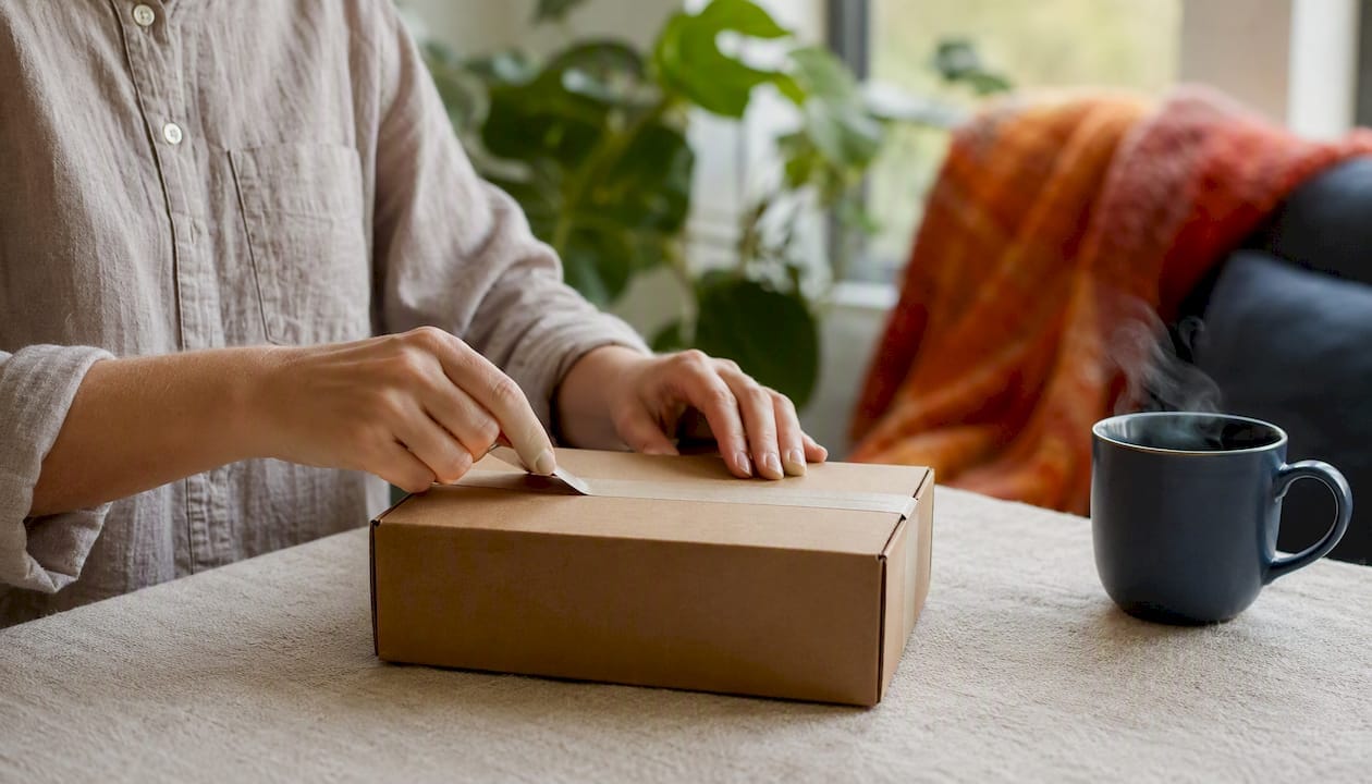 Hands sealing a subscription box