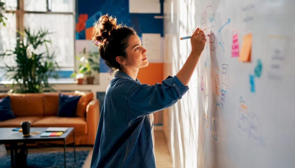 Entrepreneur drawing business model on whiteboard