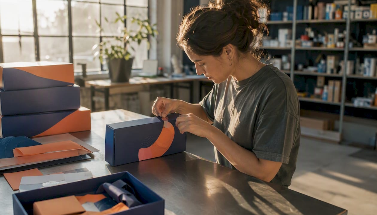 Hands assembling productized service package
