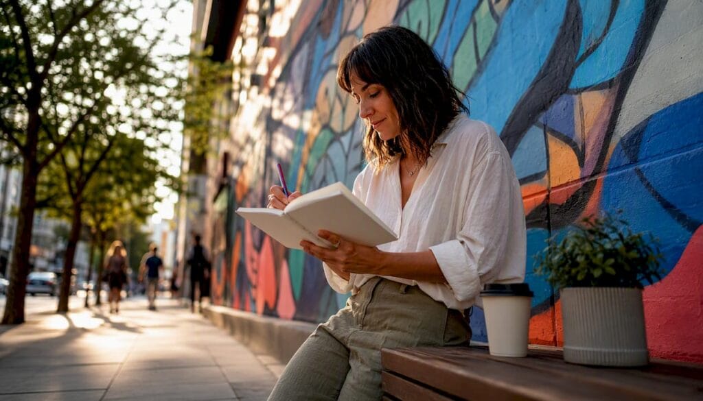 Person writing goals in journal outdoors