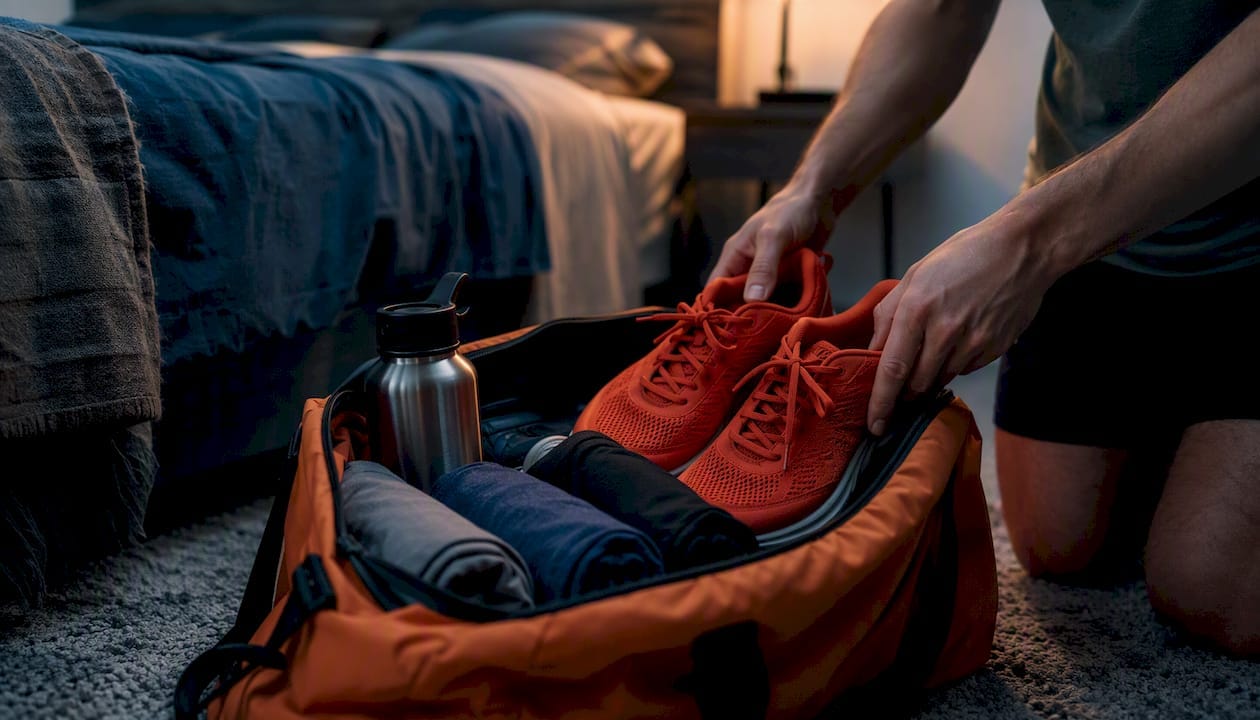 Hands packing gym bag at night