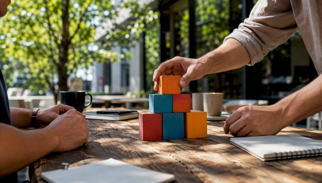 Hands moving equity concept blocks on table