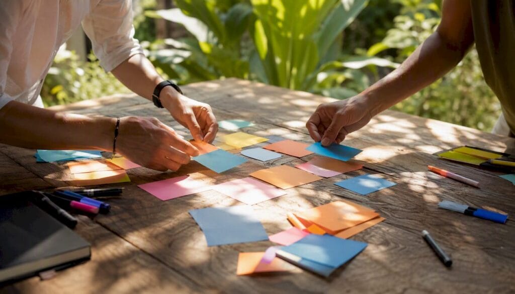 Hands arranging colorful idea cards on table