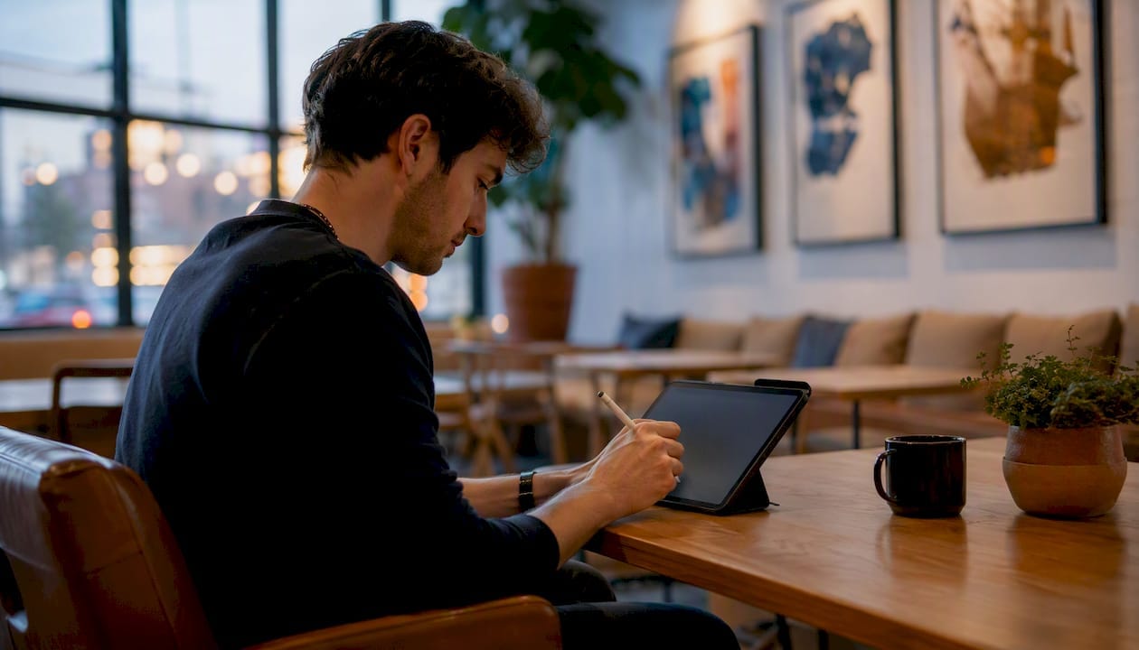 Hands writing silently on digital tablet