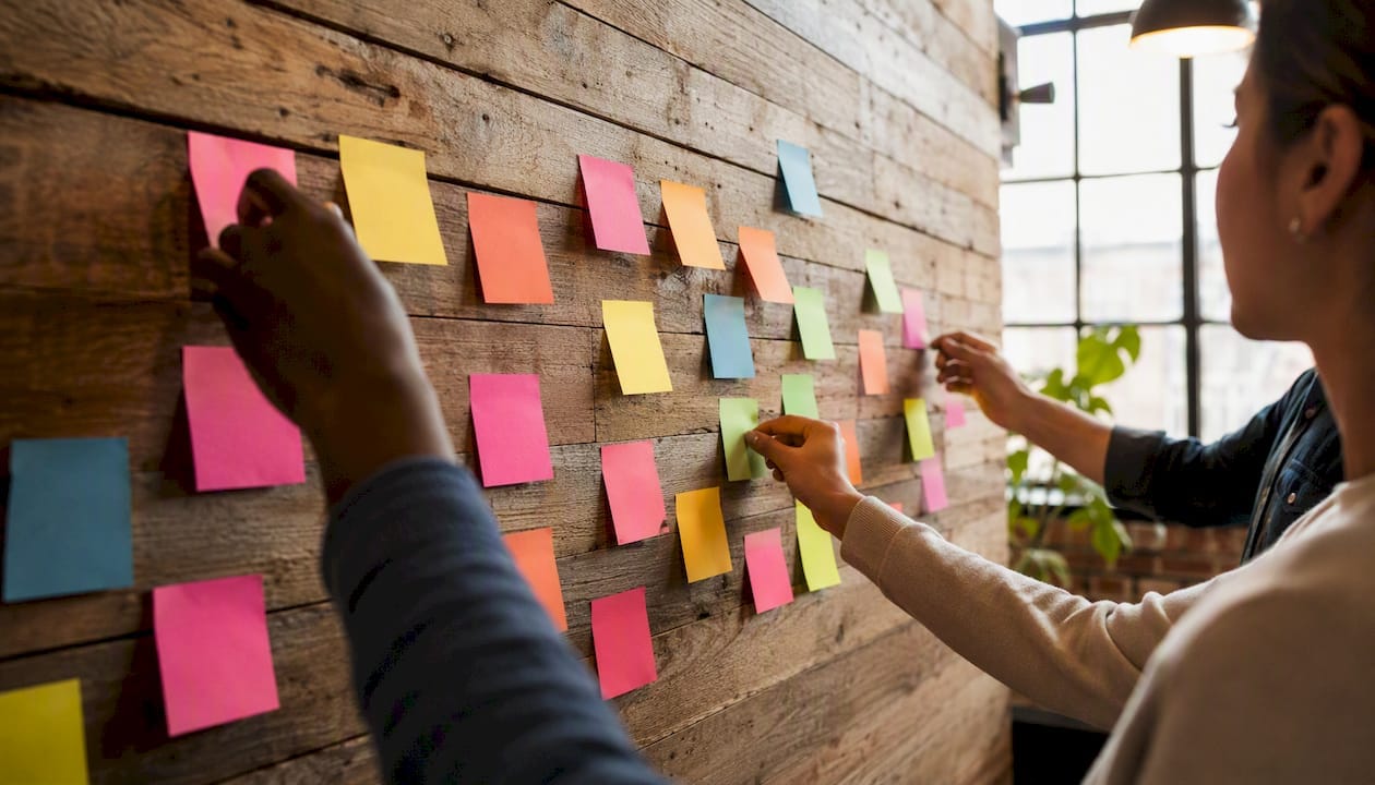 Hands anonymously placing sticky notes on wall