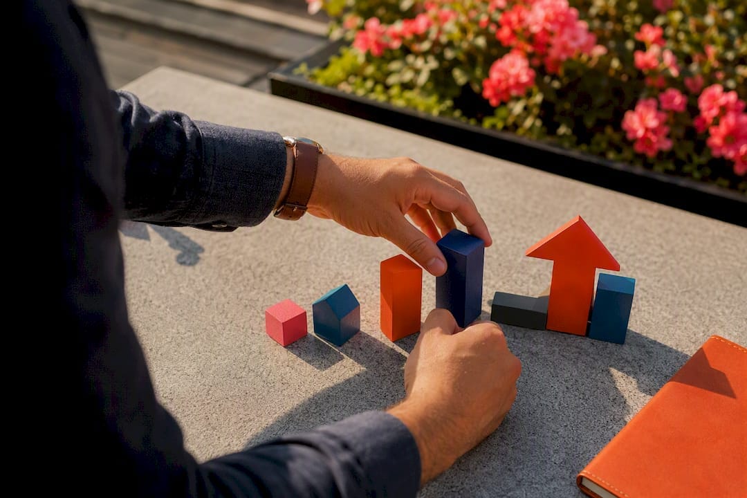 Hands arranging business milestone blocks