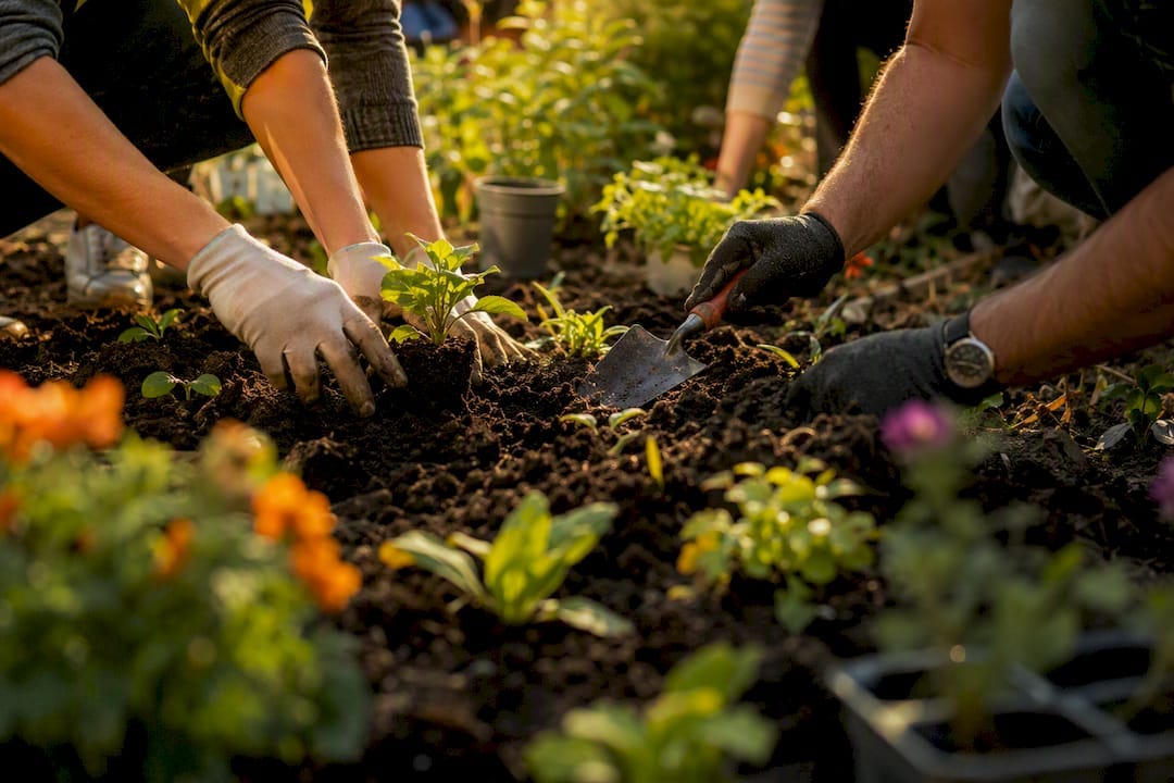 Hands planting seedlings in community garden