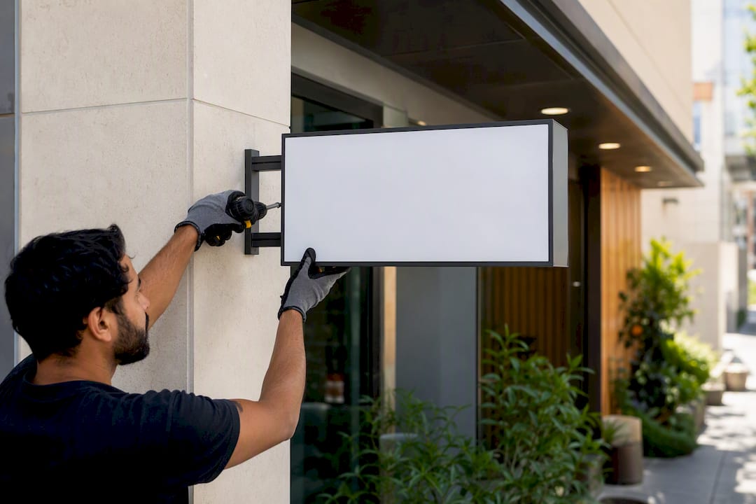 Hands installing hotel sign bracket for franchise conversion