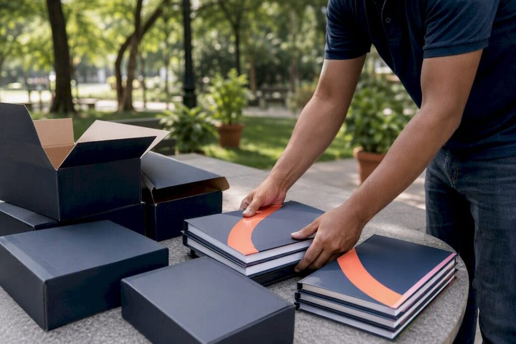 Hands arranging franchise manuals and product boxes