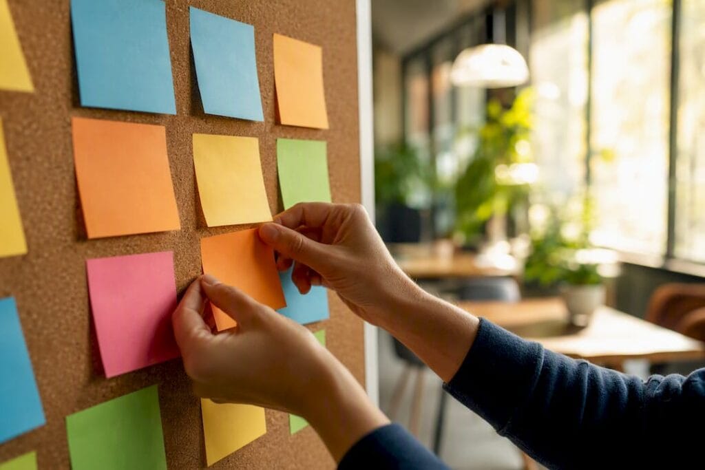 Hands arranging sticky notes to prioritize business activities