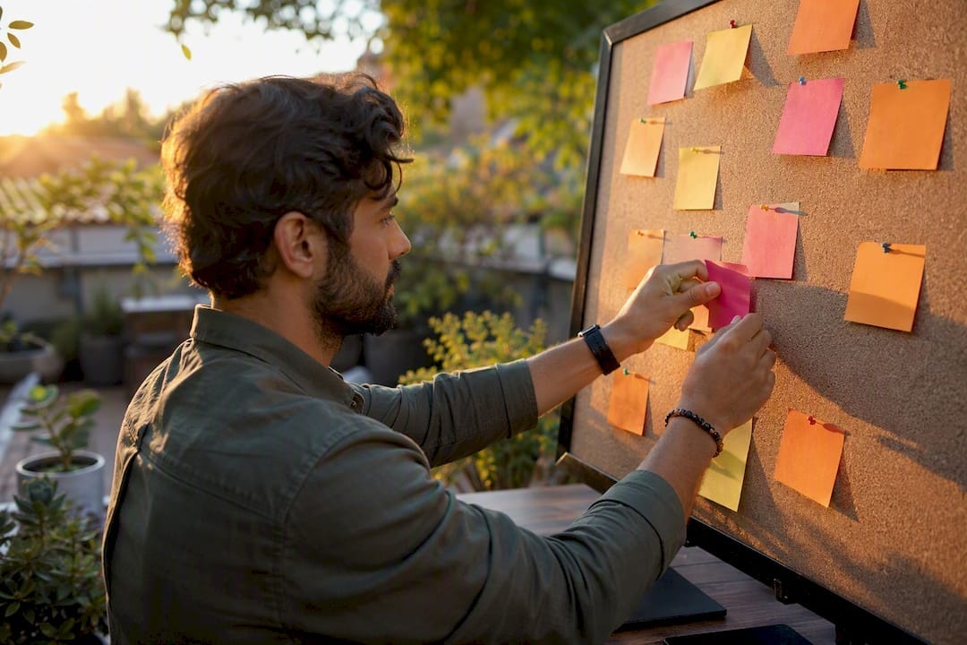Hands removing sticky notes from business tasks list