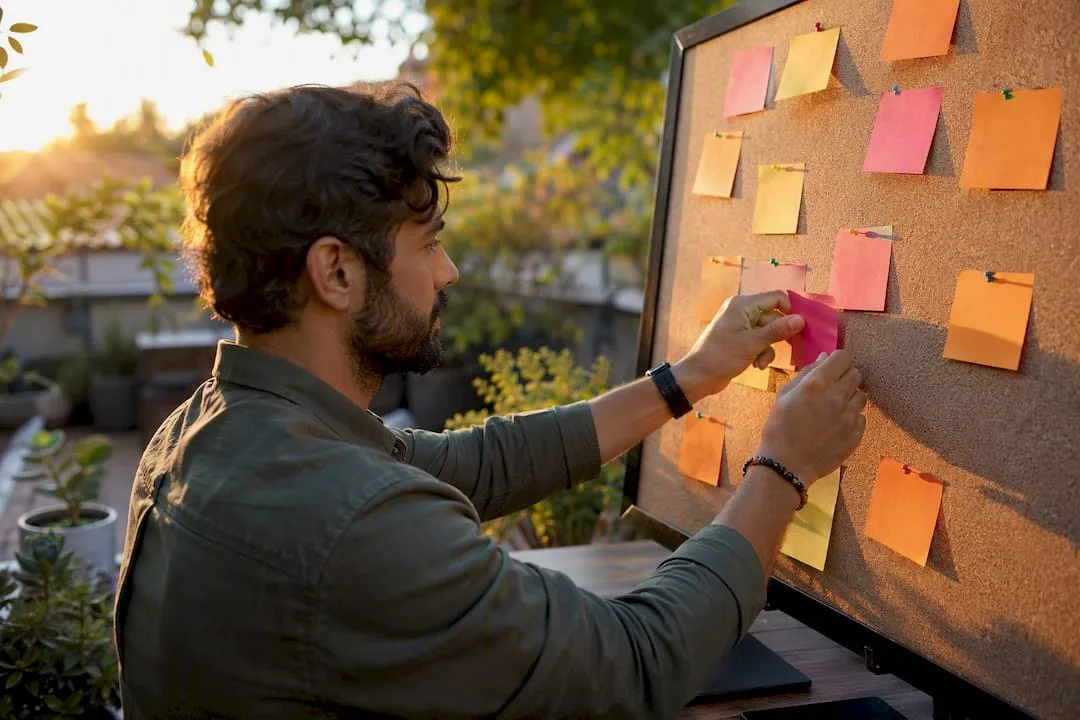 Hands removing sticky notes from business tasks list