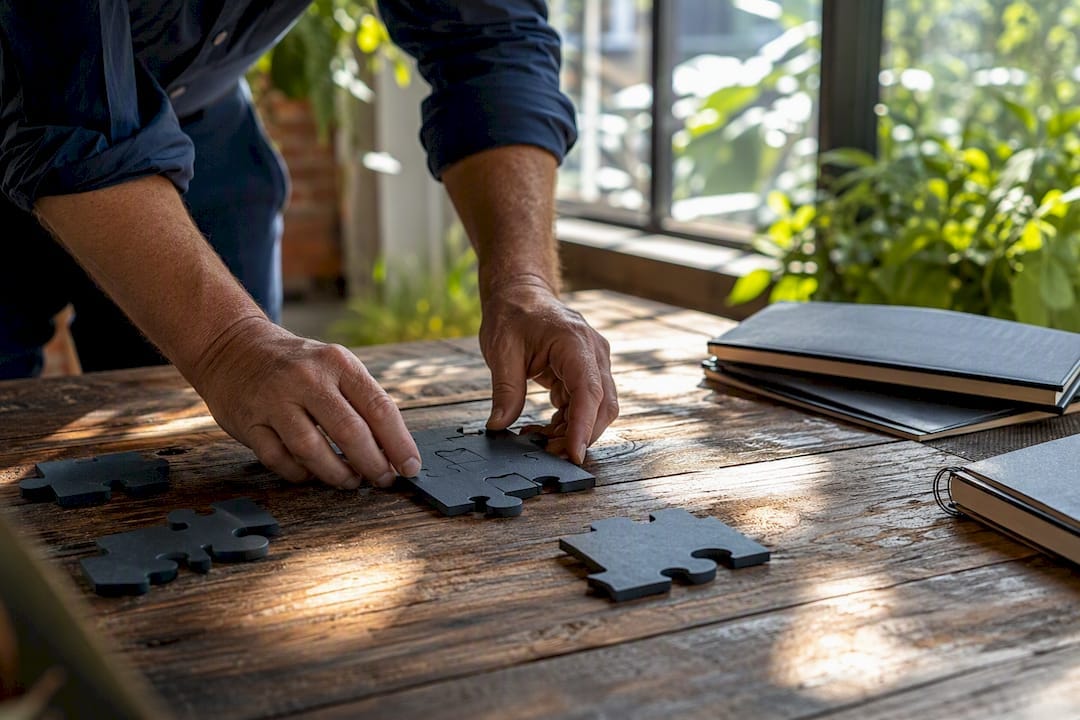 Hands assembling modular leadership pieces