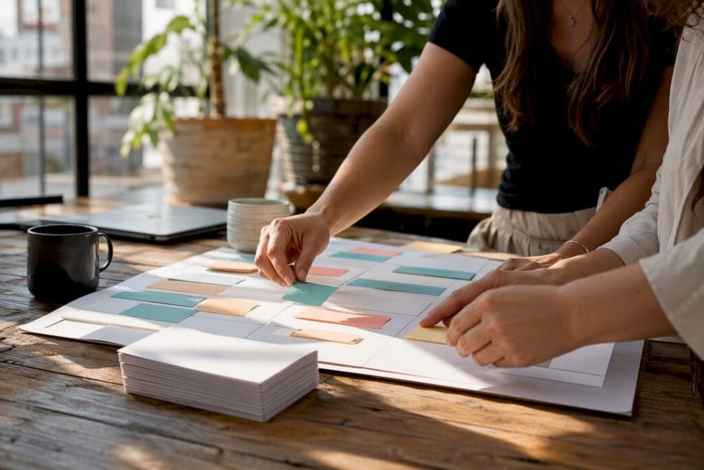 Hands assembling business model canvas