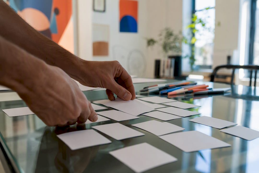 Hands writing ideas on index cards